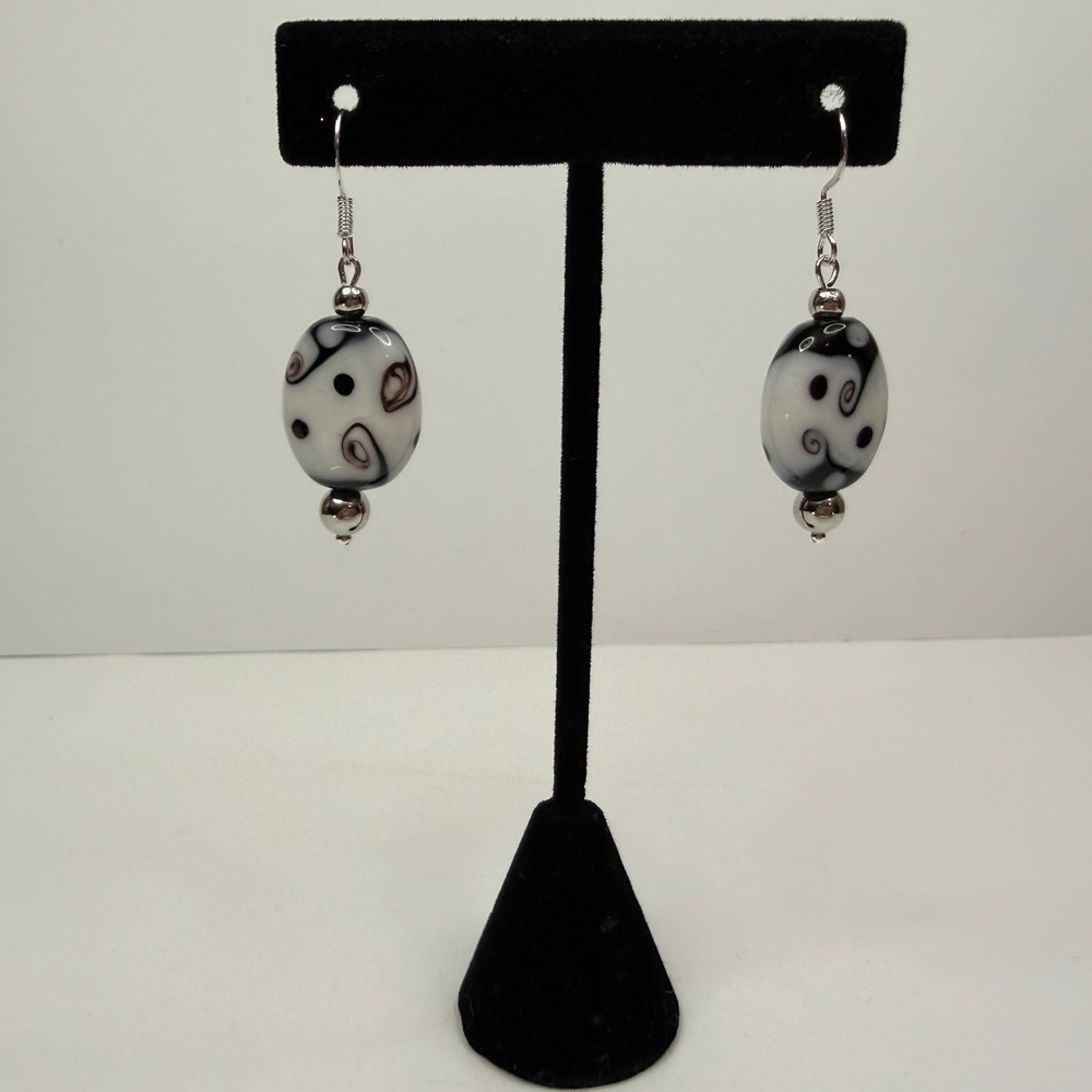 Black White Swirl Glass Bead Dangle Drop Earrings Silver Tone Hook Jewelry 1.5in
